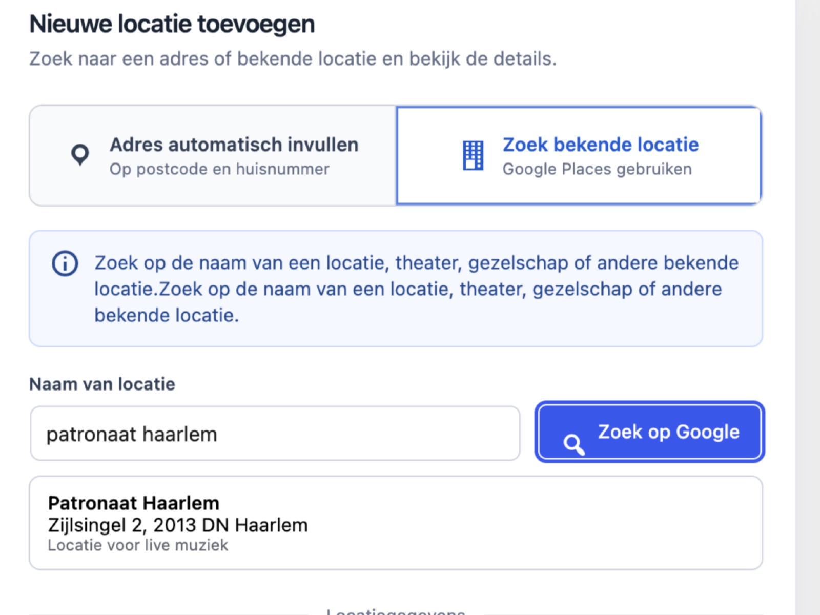 Google-locaties zoeken in Eventplanner