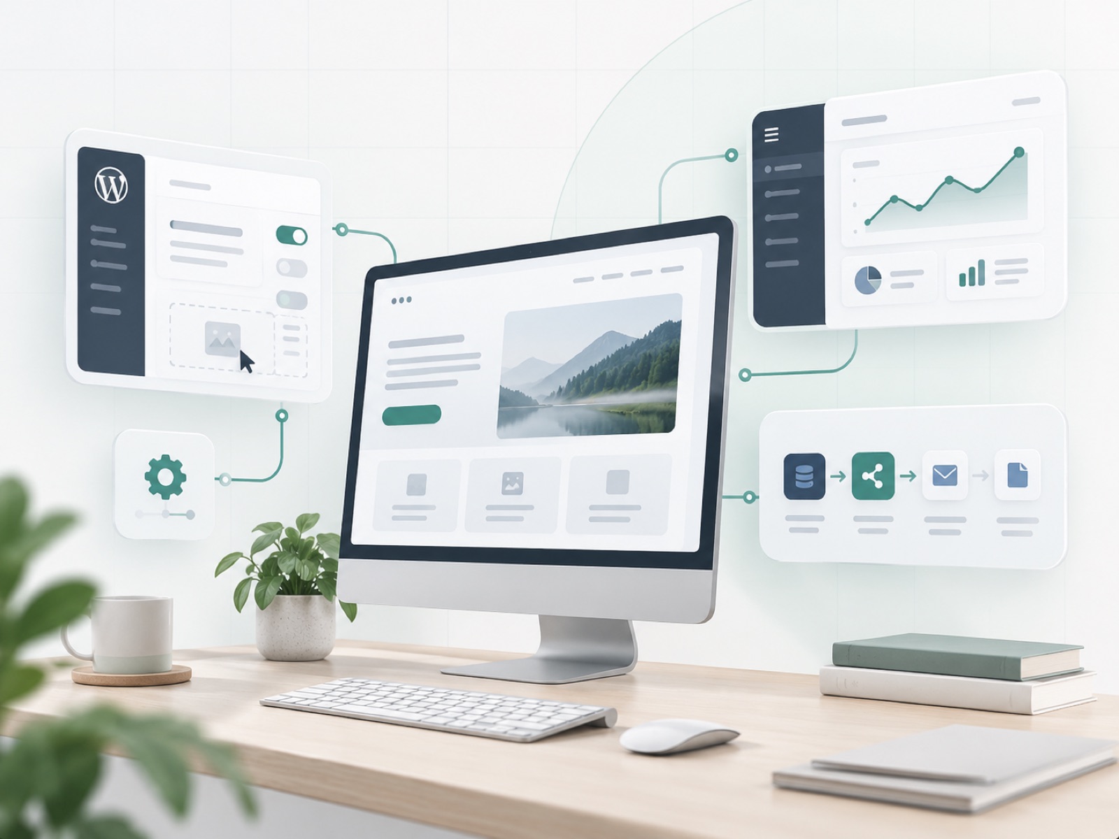 Lichte werkplek met iMac en verbonden webinterfaces